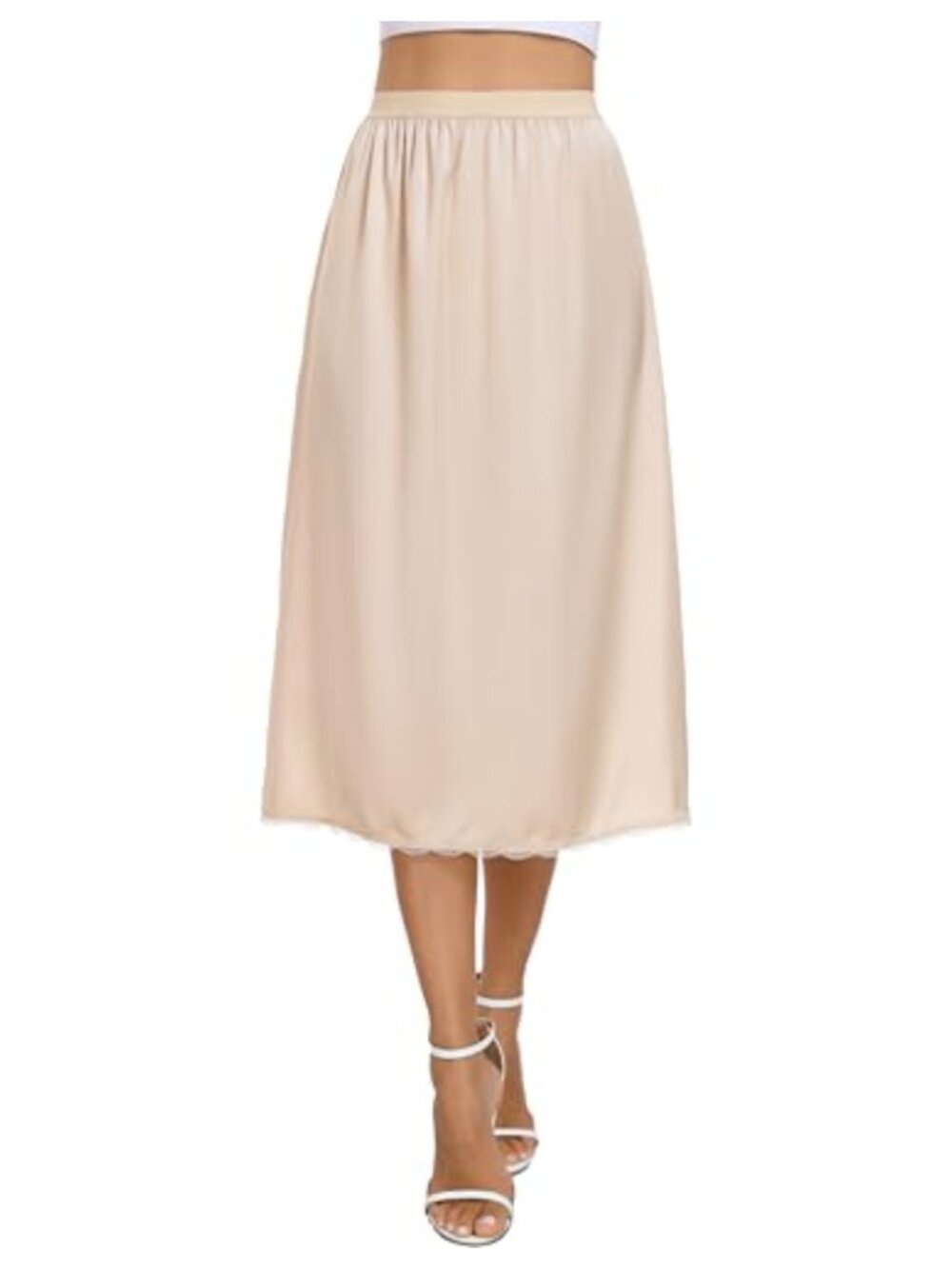 Satin Half Slip Lace Trim Long Underskirt Soft Elastic Waist Petticoat